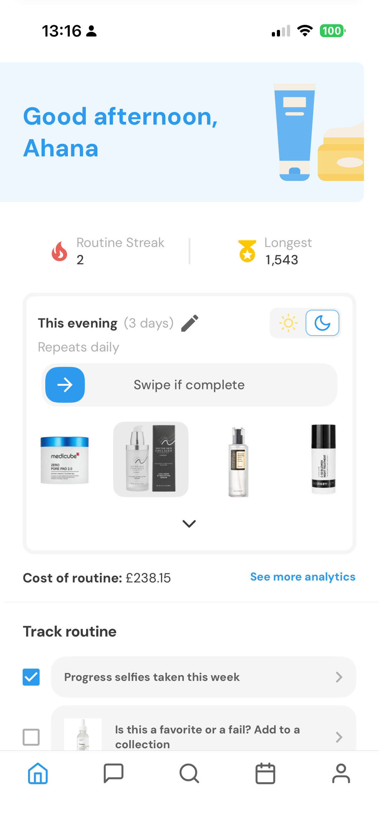 Clear skincare routine tracker with products, progress prompts and routine analytics
